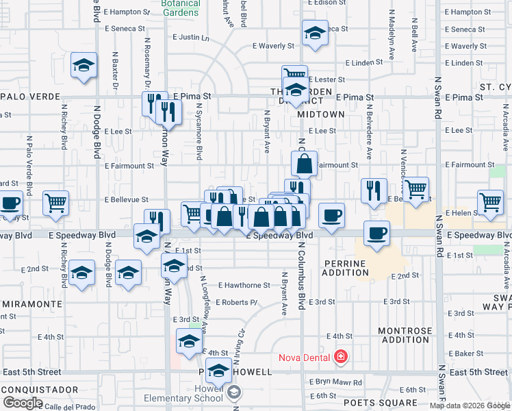 map of restaurants, bars, coffee shops, grocery stores, and more near 4164 East Bellevue Street in Tucson