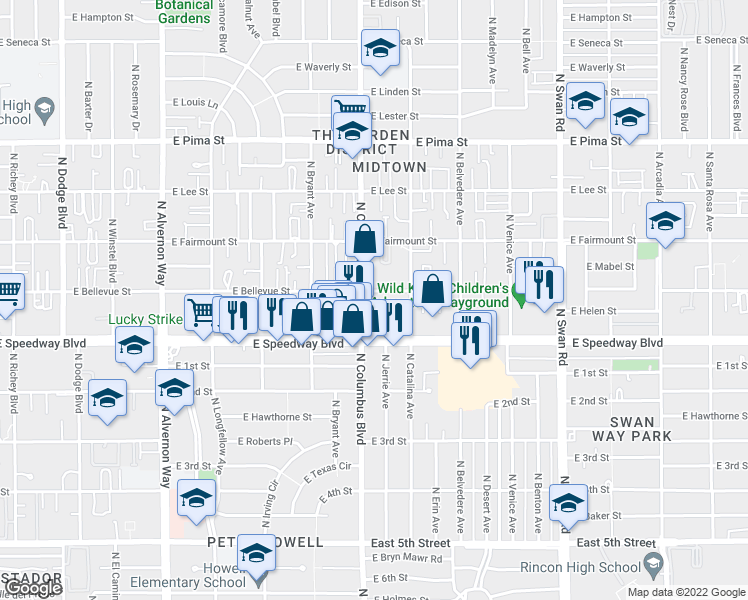 map of restaurants, bars, coffee shops, grocery stores, and more near 4301 East Bellevue Street in Tucson