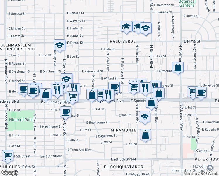 map of restaurants, bars, coffee shops, grocery stores, and more near 1201 North Jones Boulevard in Tucson
