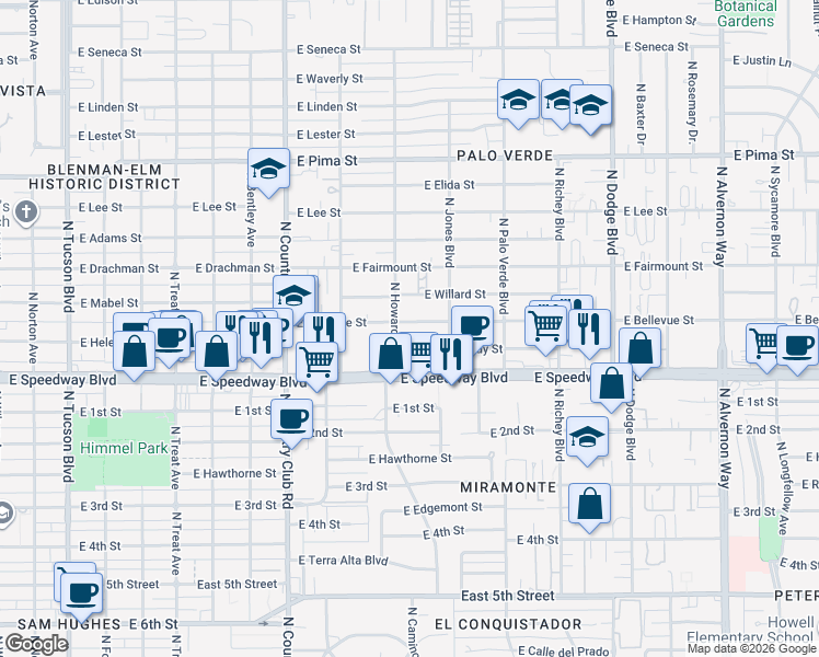 map of restaurants, bars, coffee shops, grocery stores, and more near 3313 East Bellevue Street in Tucson