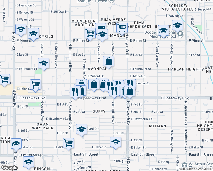 map of restaurants, bars, coffee shops, grocery stores, and more near 5330 East Bellevue Street in Tucson
