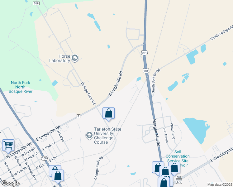 map of restaurants, bars, coffee shops, grocery stores, and more near 1000 East Lingleville Road in Stephenville