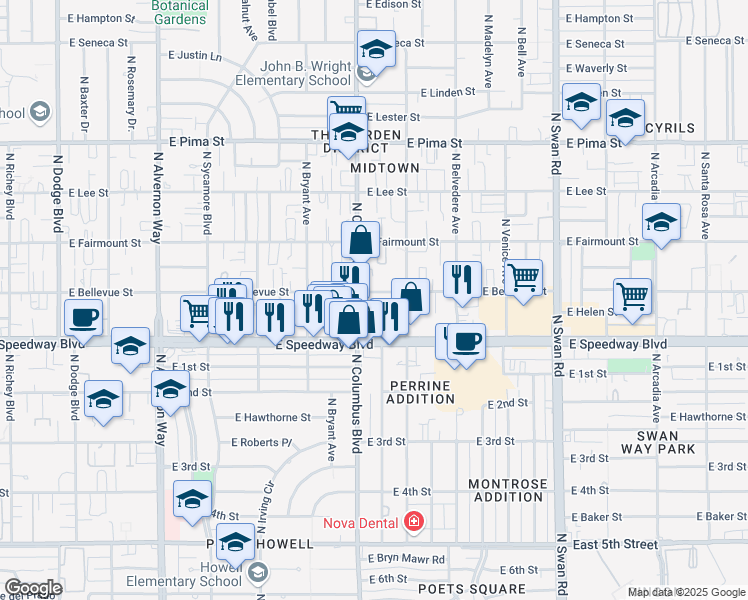map of restaurants, bars, coffee shops, grocery stores, and more near 4301 East Bellevue Street in Tucson