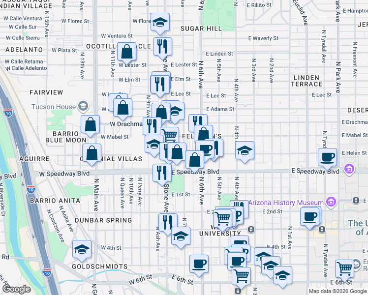 map of restaurants, bars, coffee shops, grocery stores, and more near North 7th Avenue in Tucson