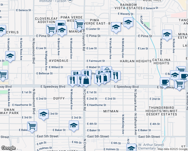 map of restaurants, bars, coffee shops, grocery stores, and more near 5554 East Bellevue Street in Tucson
