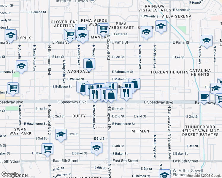map of restaurants, bars, coffee shops, grocery stores, and more near 5501 East Bellevue Street in Tucson