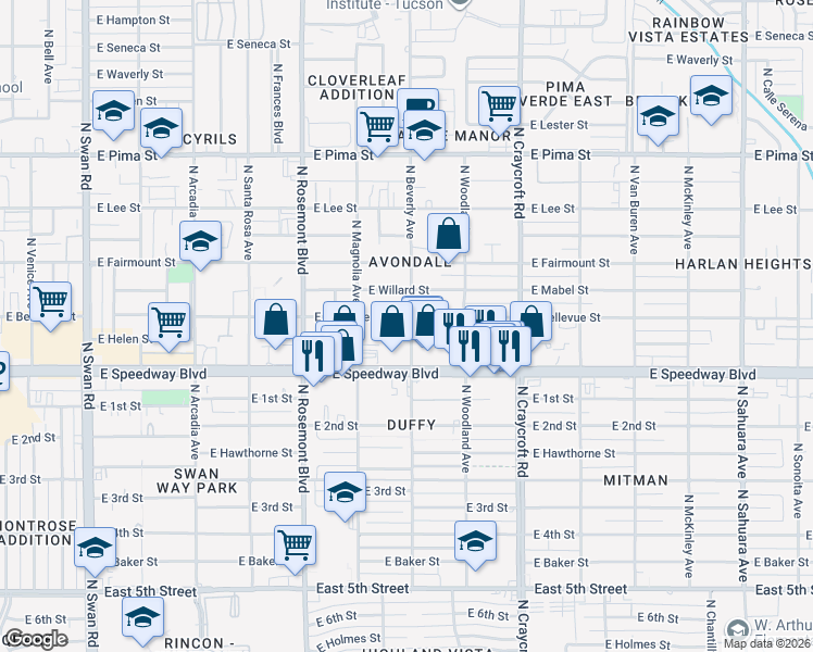 map of restaurants, bars, coffee shops, grocery stores, and more near 5250 East Bellevue Street in Tucson