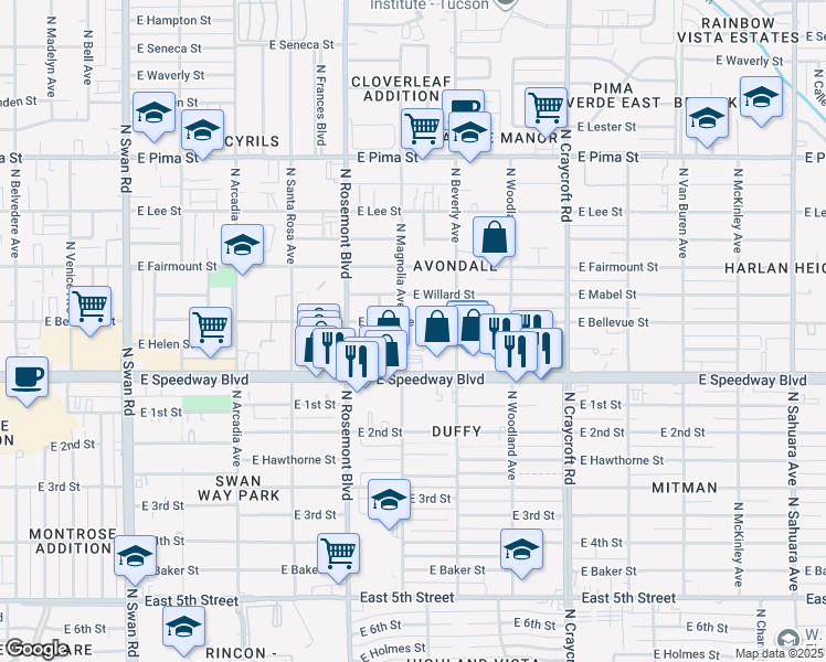 map of restaurants, bars, coffee shops, grocery stores, and more near 5204 East Bellevue Street in Tucson