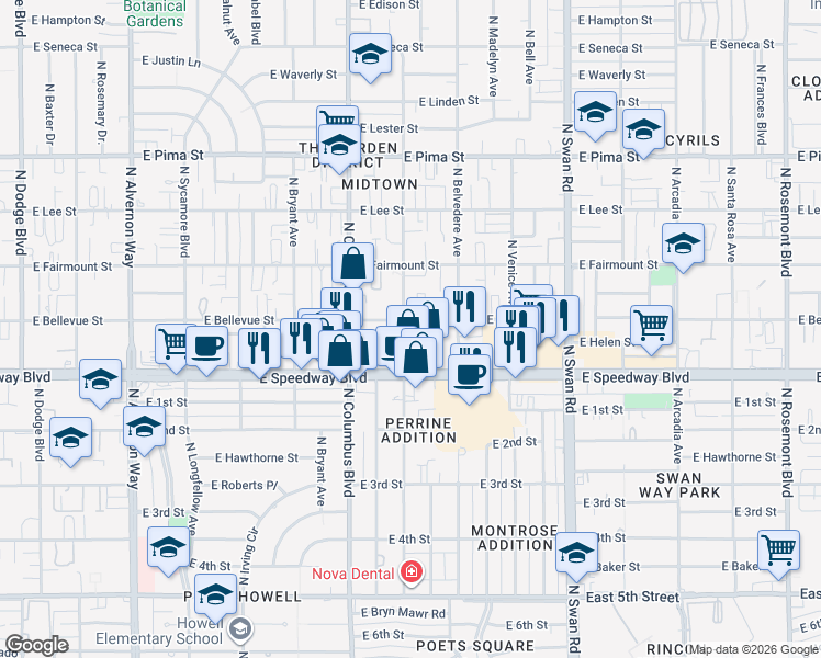 map of restaurants, bars, coffee shops, grocery stores, and more near 4361 East Bellevue Street in Tucson