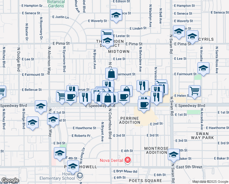 map of restaurants, bars, coffee shops, grocery stores, and more near 4301 East Bellevue Street in Tucson