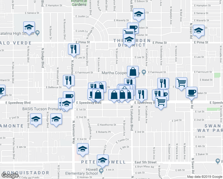 map of restaurants, bars, coffee shops, grocery stores, and more near 4145 East Bellevue Street in Tucson