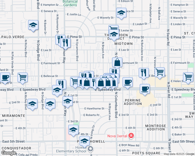 map of restaurants, bars, coffee shops, grocery stores, and more near 4145 East Bellevue Street in Tucson