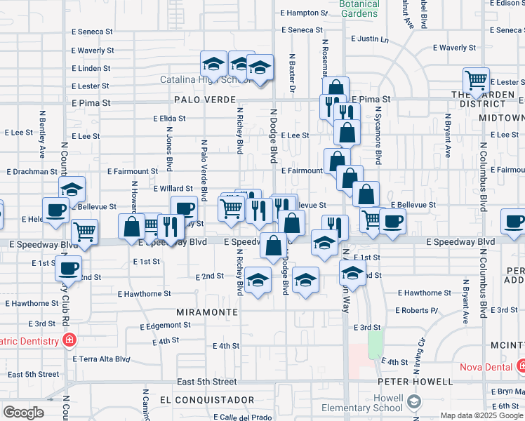 map of restaurants, bars, coffee shops, grocery stores, and more near 3636 East Bellevue Street in Tucson