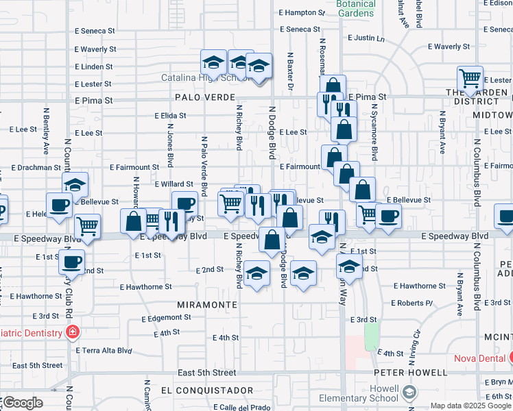 map of restaurants, bars, coffee shops, grocery stores, and more near 3636 East Bellevue Street in Tucson