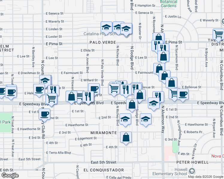 map of restaurants, bars, coffee shops, grocery stores, and more near 3517 East Bellevue Street in Tucson