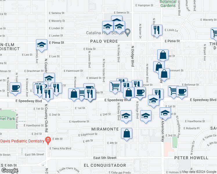 map of restaurants, bars, coffee shops, grocery stores, and more near 3517 East Bellevue Street in Tucson
