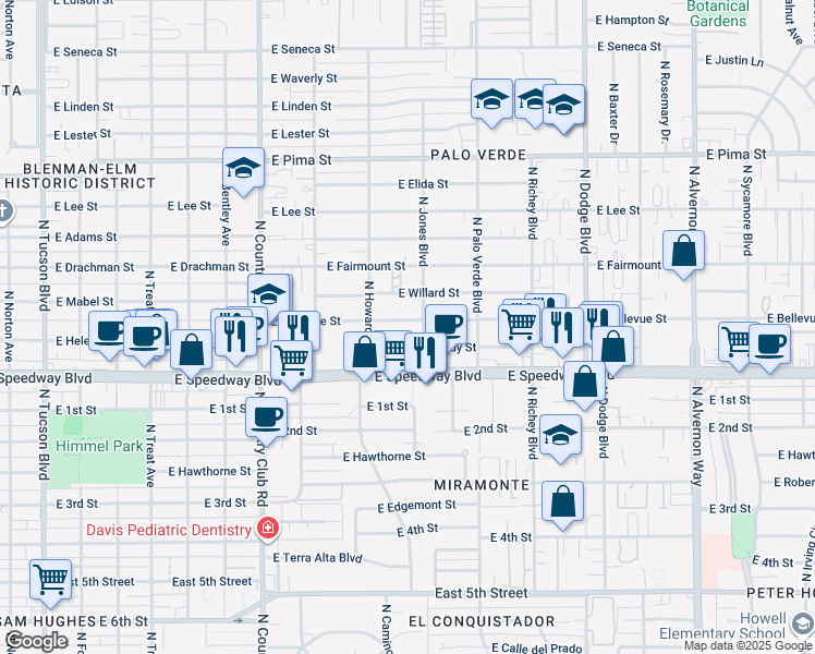 map of restaurants, bars, coffee shops, grocery stores, and more near 1201 North Jones Boulevard in Tucson