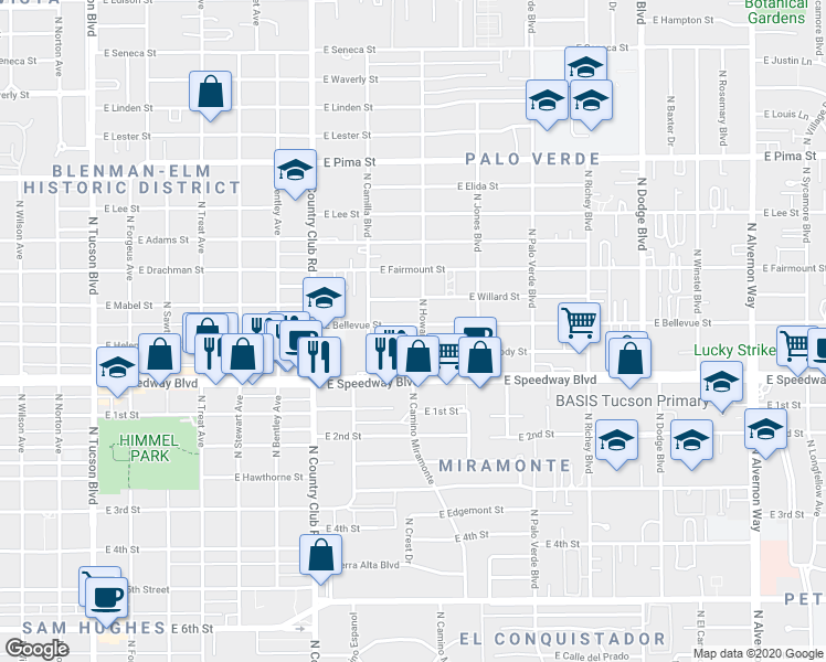 map of restaurants, bars, coffee shops, grocery stores, and more near 3229 East Bellevue Street in Tucson