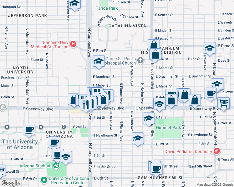 map of restaurants, bars, coffee shops, grocery stores, and more near 1221 North Plumer Avenue in Tucson