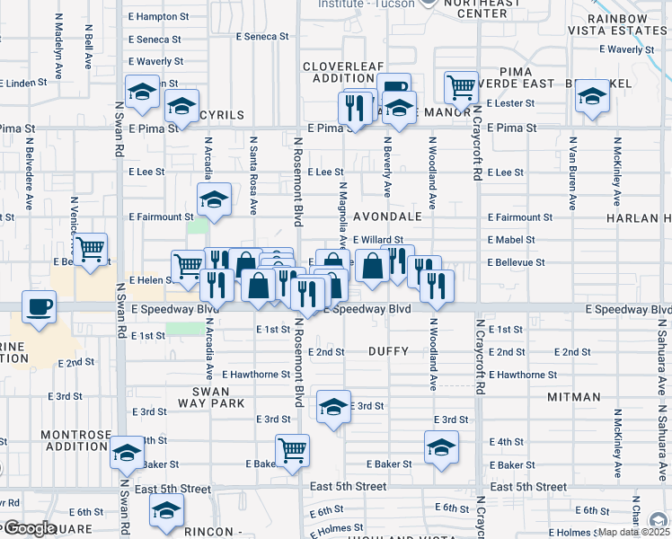map of restaurants, bars, coffee shops, grocery stores, and more near 5126 East Bellevue Street in Tucson