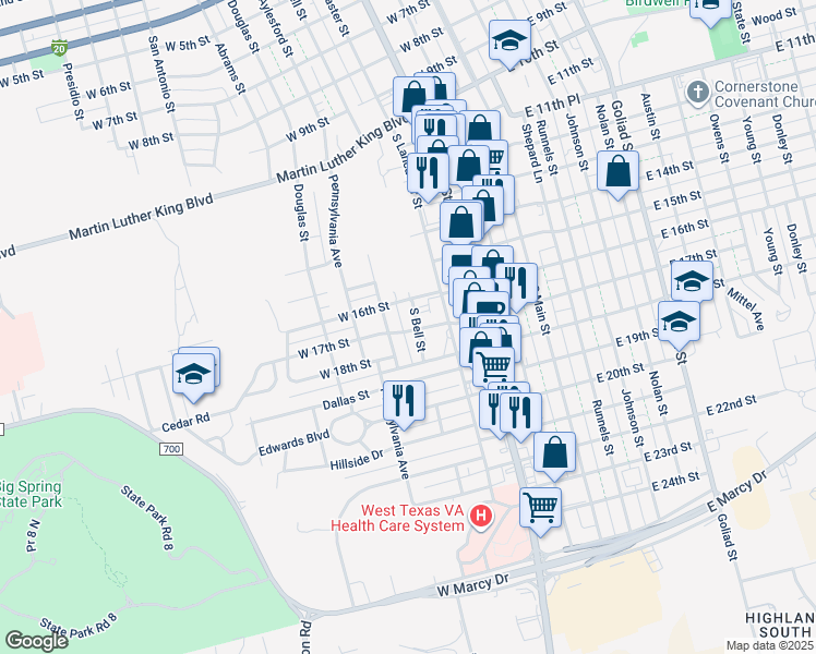 map of restaurants, bars, coffee shops, grocery stores, and more near 1600 South Lancaster Street in Big Spring
