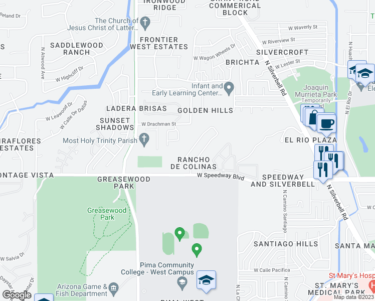 map of restaurants, bars, coffee shops, grocery stores, and more near 1253 North Thunder Ridge Drive in Tucson