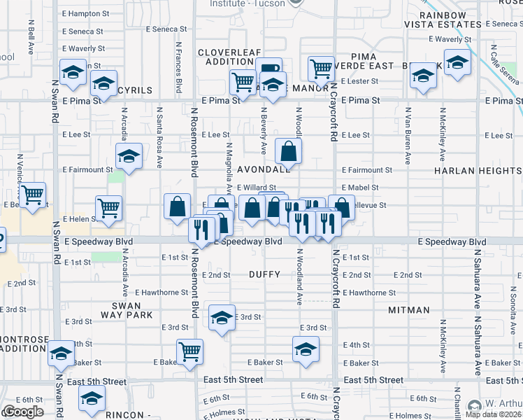 map of restaurants, bars, coffee shops, grocery stores, and more near 5250 East Bellevue Street in Tucson