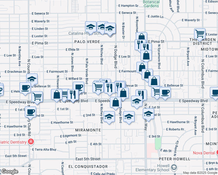 map of restaurants, bars, coffee shops, grocery stores, and more near 3636 East Bellevue Street in Tucson