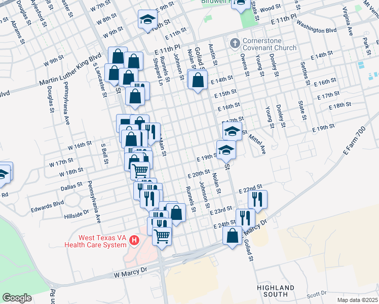map of restaurants, bars, coffee shops, grocery stores, and more near 256-298 East 18th Street in Big Spring