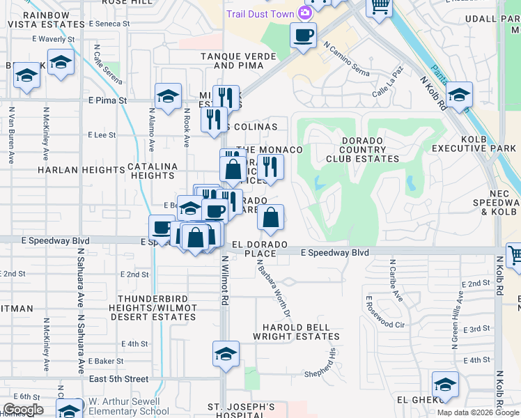 map of restaurants, bars, coffee shops, grocery stores, and more near 1181 North El Dorado Place in Tucson