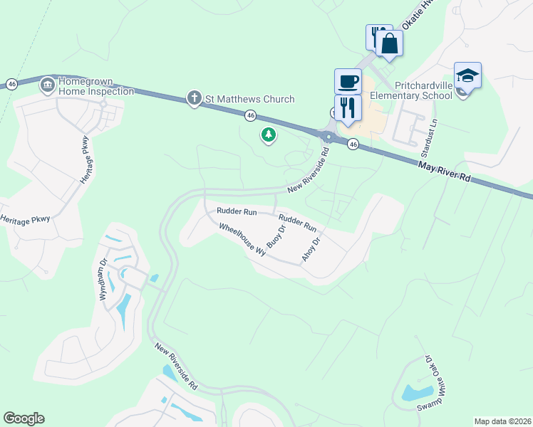 map of restaurants, bars, coffee shops, grocery stores, and more near 199 Rudder Run in Bluffton