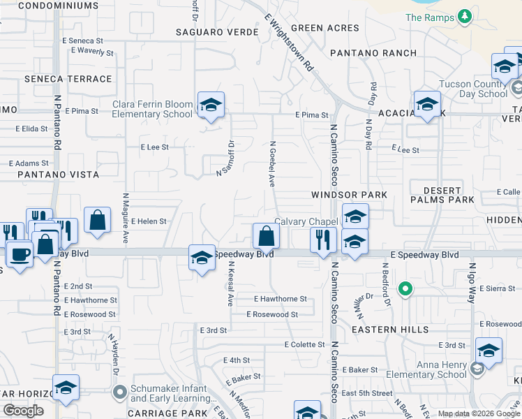 map of restaurants, bars, coffee shops, grocery stores, and more near 1315 North Goebel Avenue in Tucson