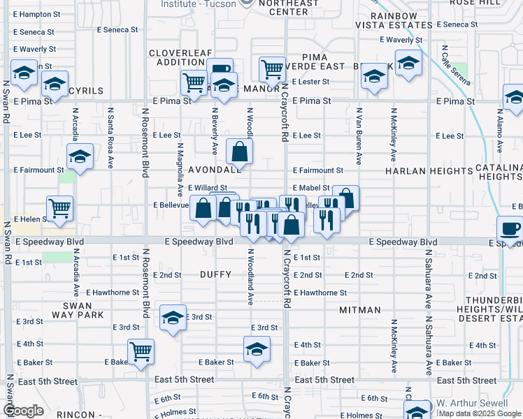 map of restaurants, bars, coffee shops, grocery stores, and more near 5416 East Bellevue Street in Tucson