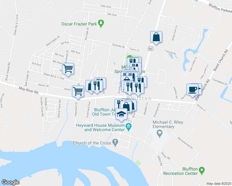 map of restaurants, bars, coffee shops, grocery stores, and more near 1279 May River Road in Bluffton