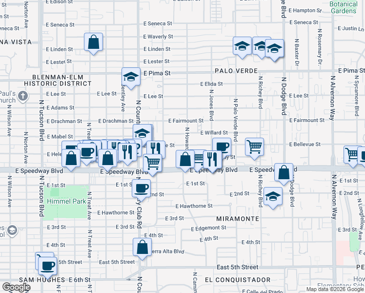 map of restaurants, bars, coffee shops, grocery stores, and more near 3252 East Bellevue Street in Tucson
