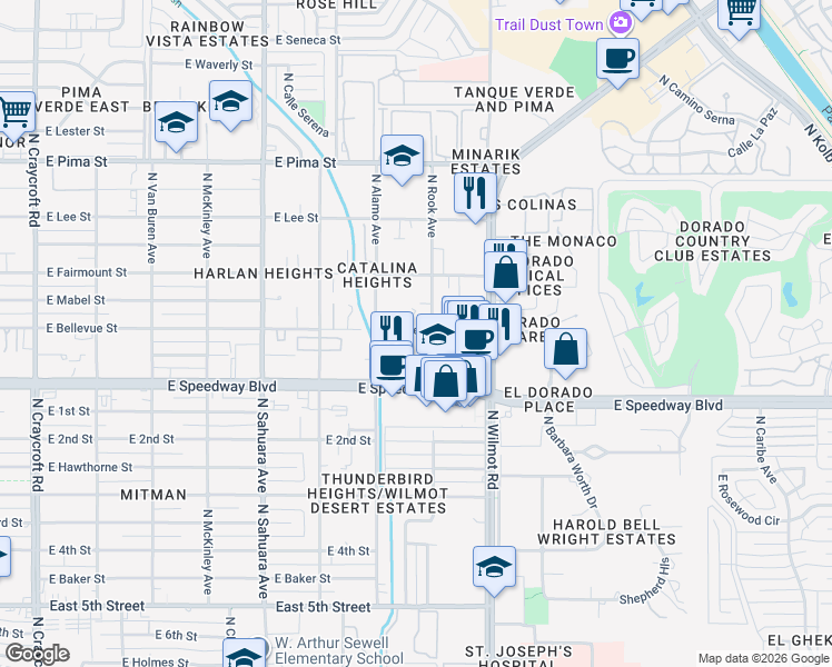 map of restaurants, bars, coffee shops, grocery stores, and more near 6171 East Bellevue Street in Tucson