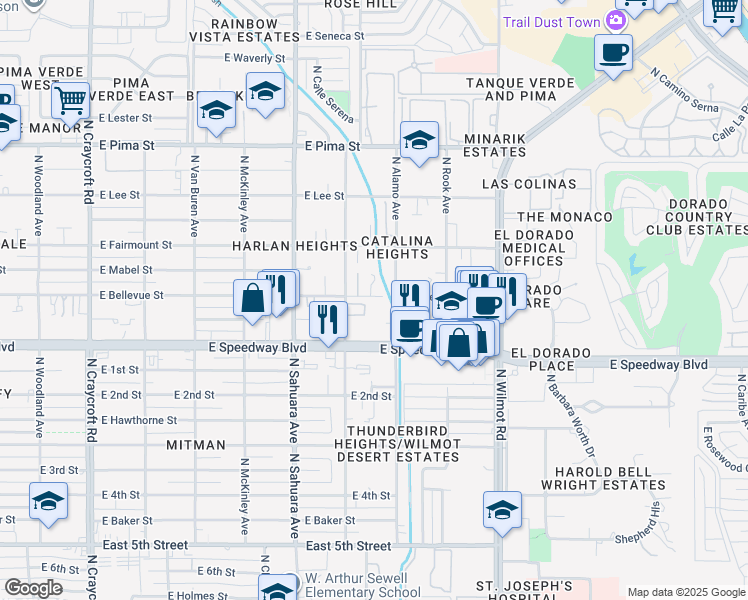 map of restaurants, bars, coffee shops, grocery stores, and more near 6031 East Bellevue Street in Tucson