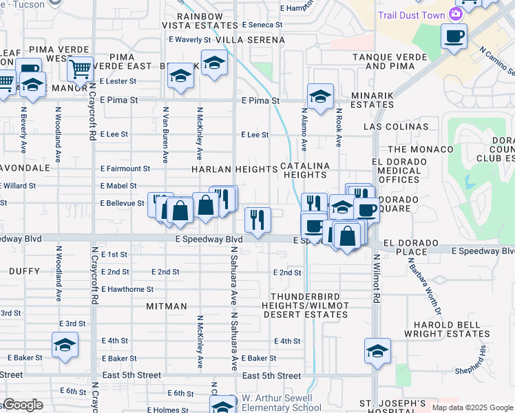 map of restaurants, bars, coffee shops, grocery stores, and more near 1202 North del Valle Place in Tucson