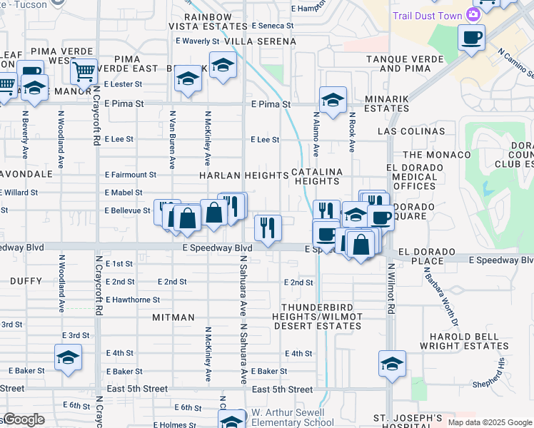 map of restaurants, bars, coffee shops, grocery stores, and more near 1202 North del Valle Place in Tucson
