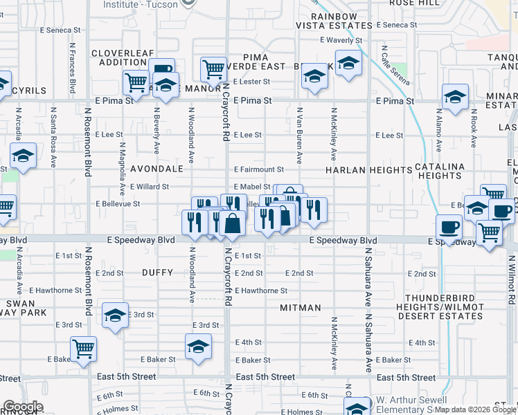 map of restaurants, bars, coffee shops, grocery stores, and more near 5554 East Bellevue Street in Tucson