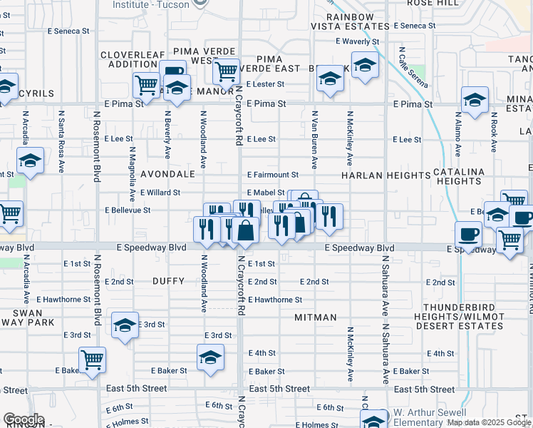 map of restaurants, bars, coffee shops, grocery stores, and more near 5554 East Bellevue Street in Tucson