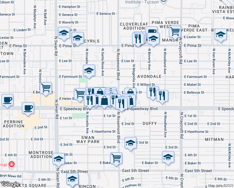 map of restaurants, bars, coffee shops, grocery stores, and more near 5062 East Bellevue Street in Tucson