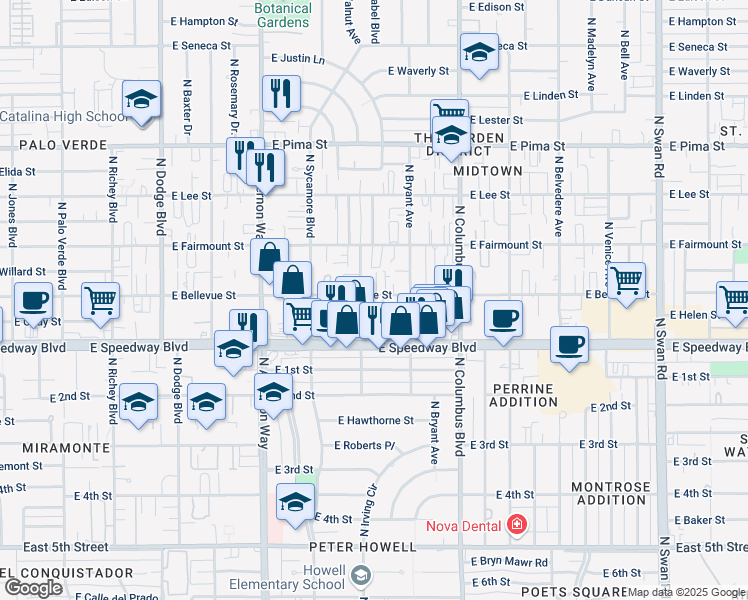 map of restaurants, bars, coffee shops, grocery stores, and more near 4075 East Bellevue Street in Tucson