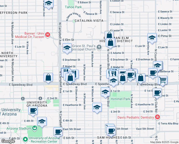 map of restaurants, bars, coffee shops, grocery stores, and more near 1221 North Wilson Avenue in Tucson