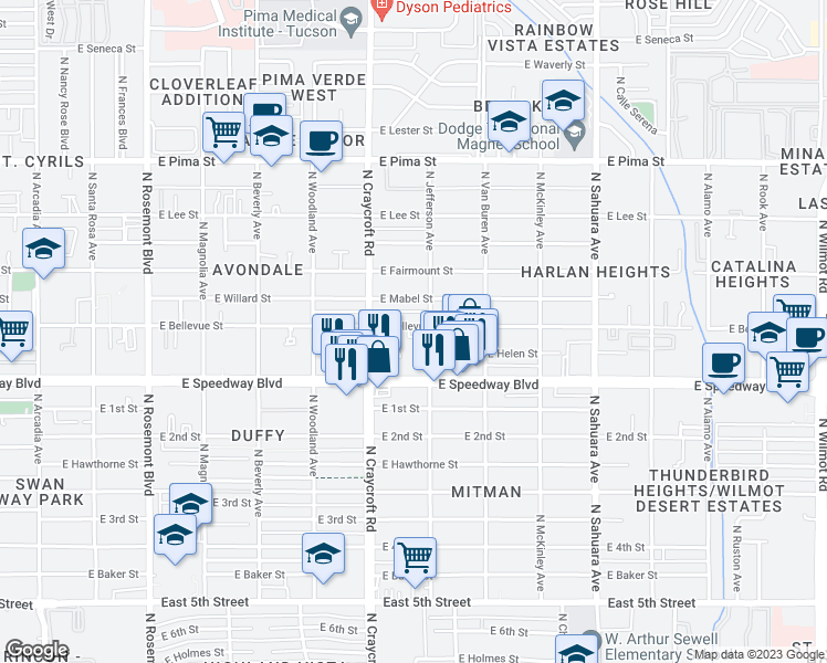 map of restaurants, bars, coffee shops, grocery stores, and more near 5554 East Bellevue Street in Tucson