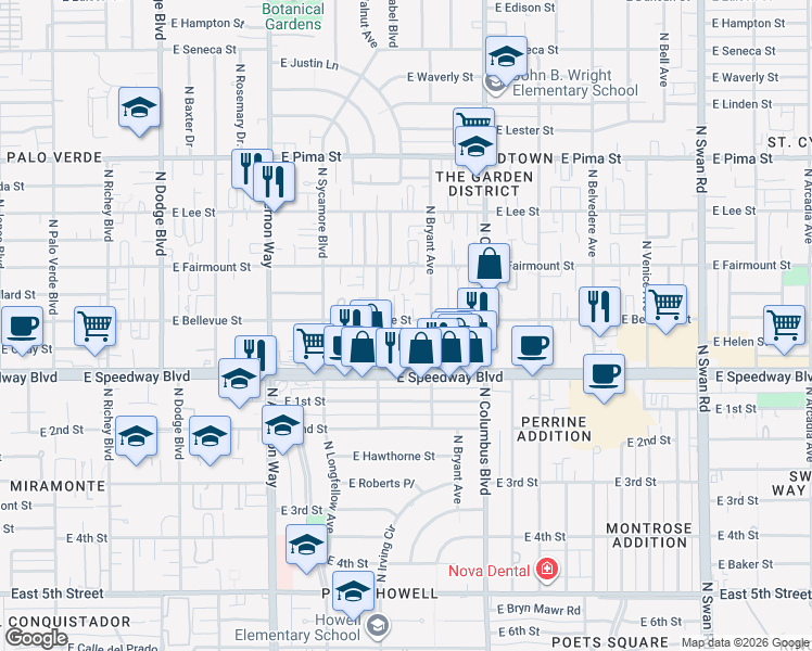 map of restaurants, bars, coffee shops, grocery stores, and more near 4146 East Bellevue Street in Tucson
