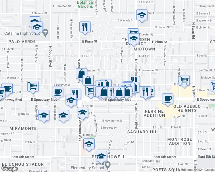 map of restaurants, bars, coffee shops, grocery stores, and more near 4062 East Bellevue Street in Tucson