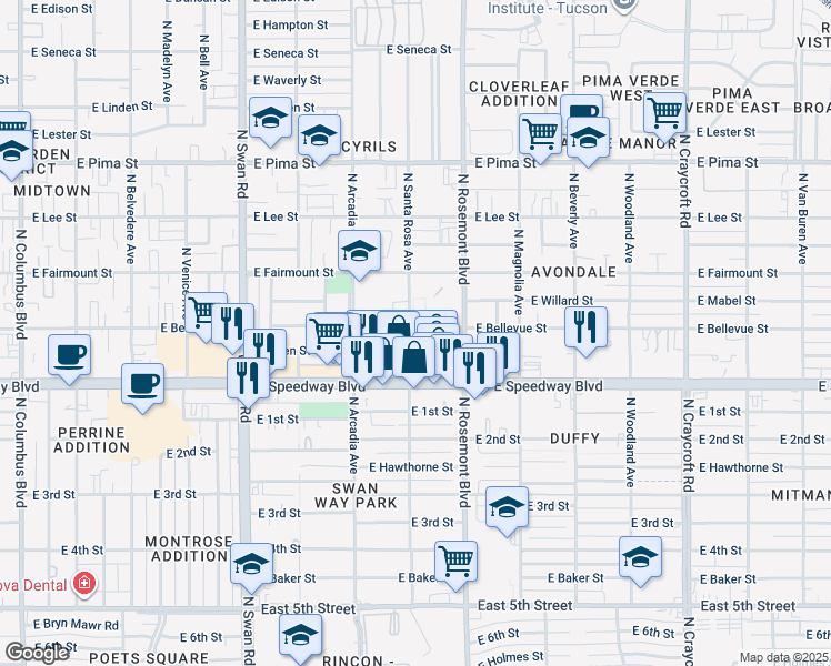 map of restaurants, bars, coffee shops, grocery stores, and more near 1158 North Santa Rosa Avenue in Tucson