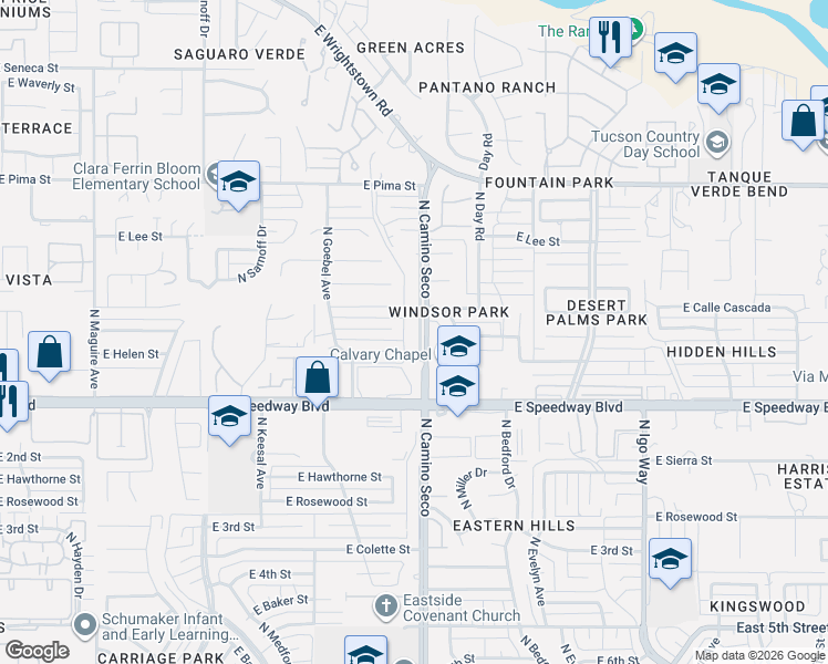 map of restaurants, bars, coffee shops, grocery stores, and more near 1302 North Camino Seco in Tucson