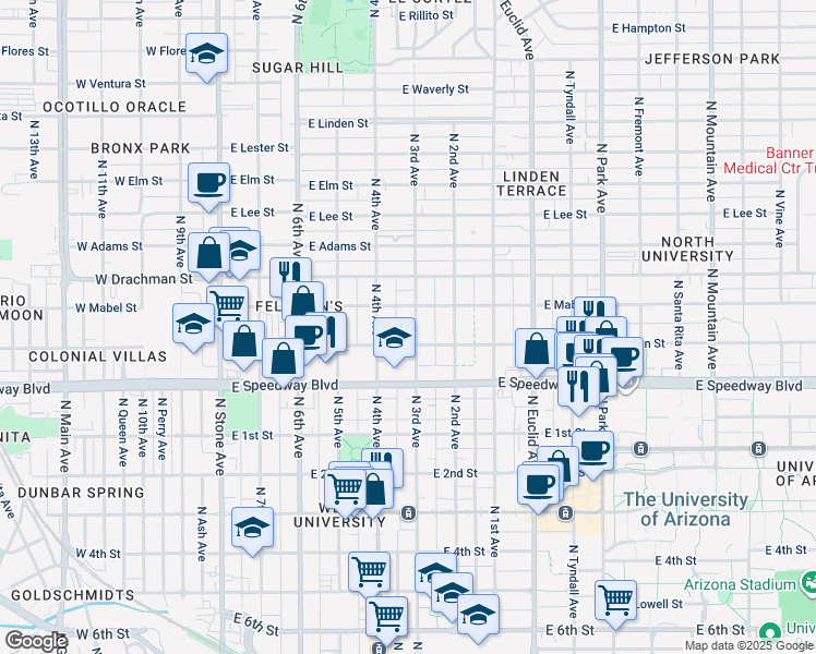 map of restaurants, bars, coffee shops, grocery stores, and more near 1221 North 3rd Avenue in Tucson